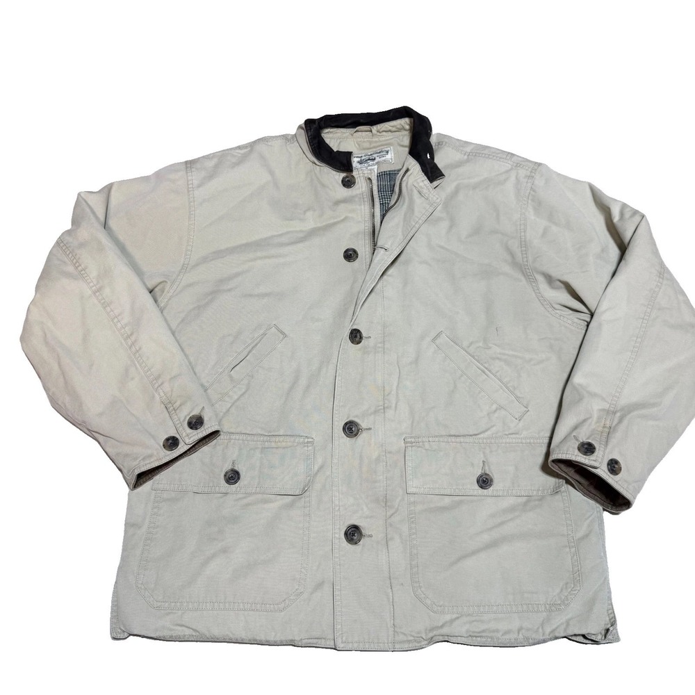 Vintage Gap Barn chore Coat Tan Khaki Canvas Leather Trim Plaid Lined Jacket M